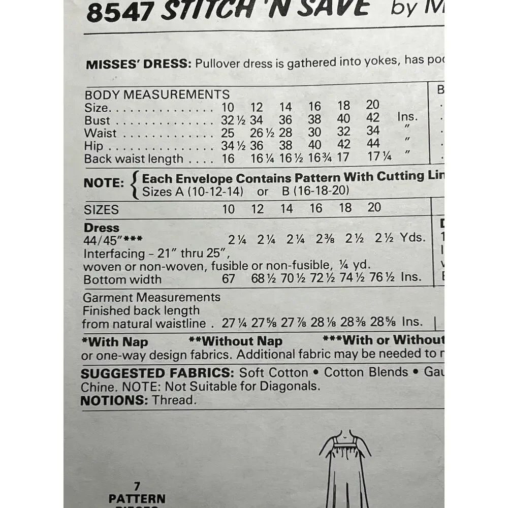 McCalls 8547 Sewing pattern apron dress tent dress size 10 12 14